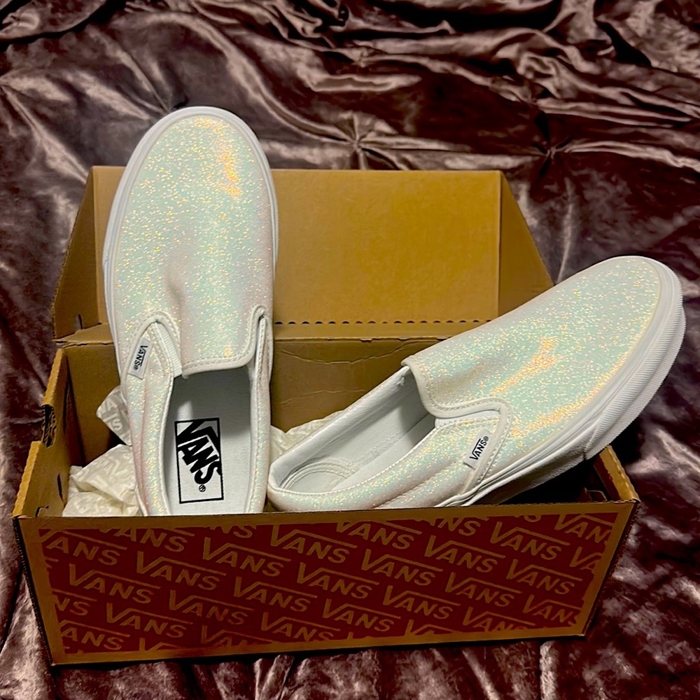 Vans slip on glitter white shoes